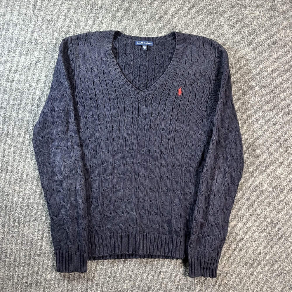 Ralph Lauren Sweater‎ Mens XL Blue Cable Knit V Neck Pullover Logo Casual